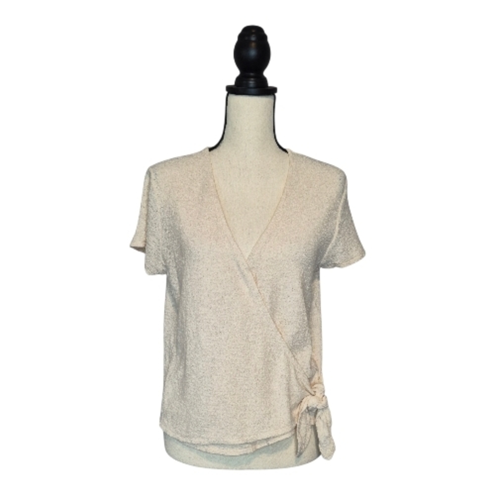 Madewell Top Cream Faux Wrap Semi Cropped Side Tie Short Sleeve Women's Size L